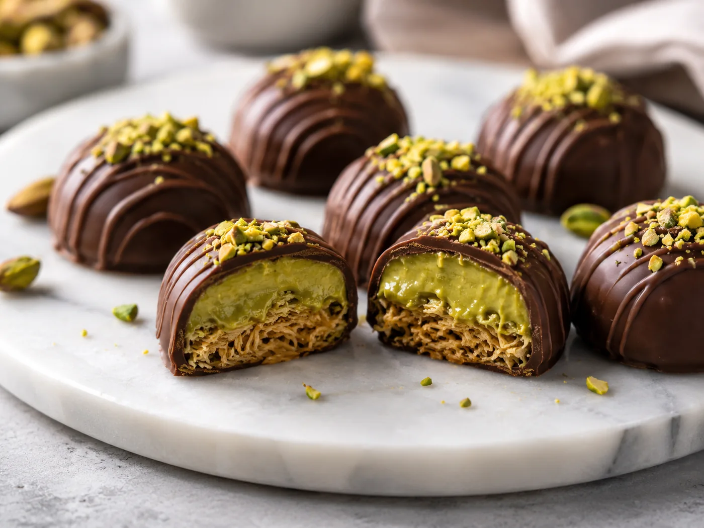 Bombones de chocolate rellenos de pistacho
