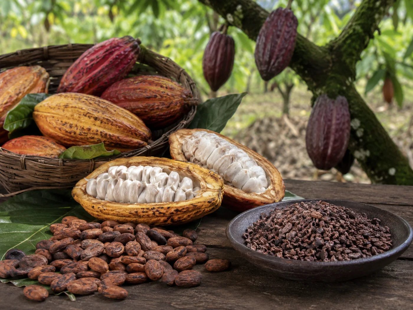Cacao en mazorca y nibs de cacao