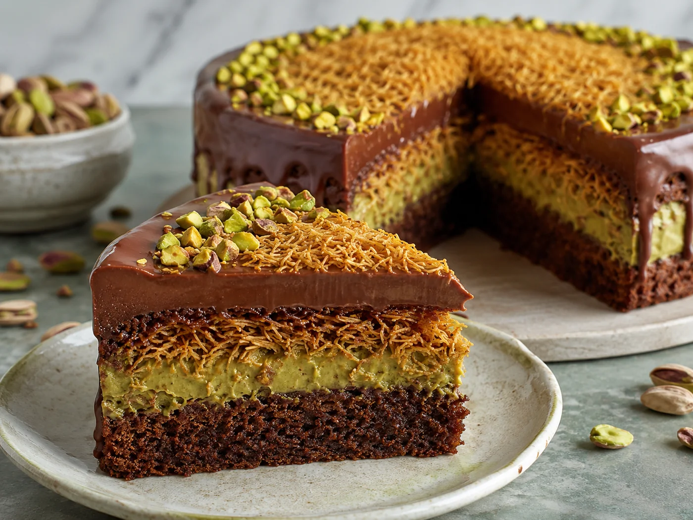 Tarta de pistacho con cobertura de chocolate