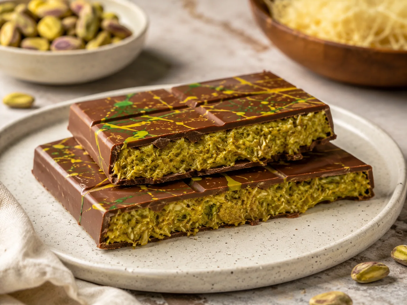 Chocolate estilo Dubái con pistacho en plato