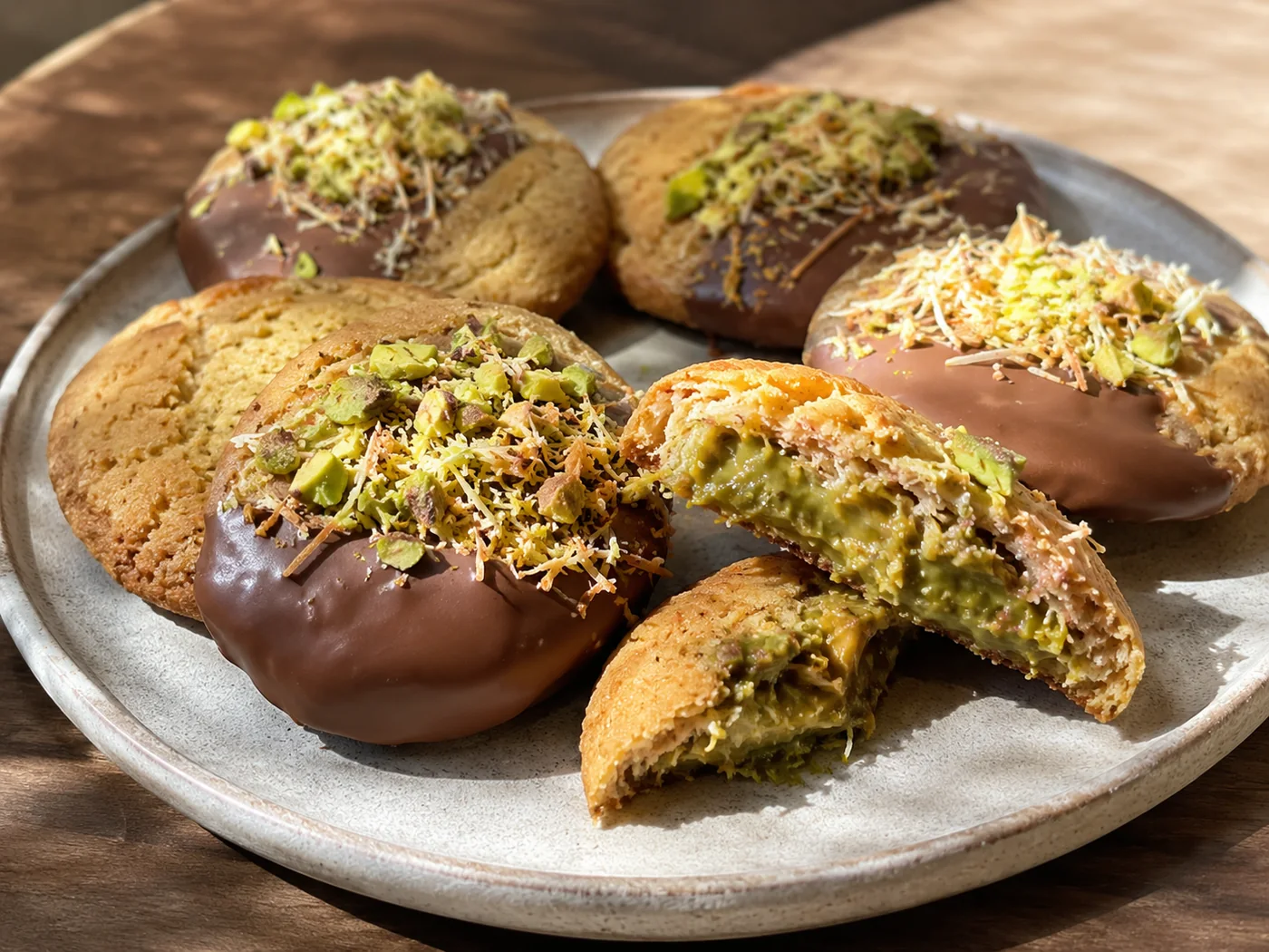 Galletas rellenas de pistacho y chocolate